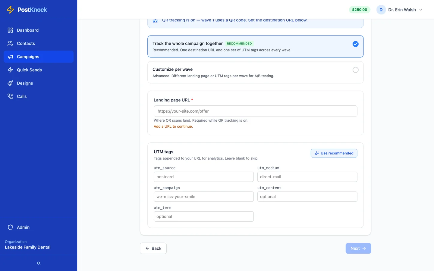 The QR and link tracking step with a destination URL field and UTM tag defaults