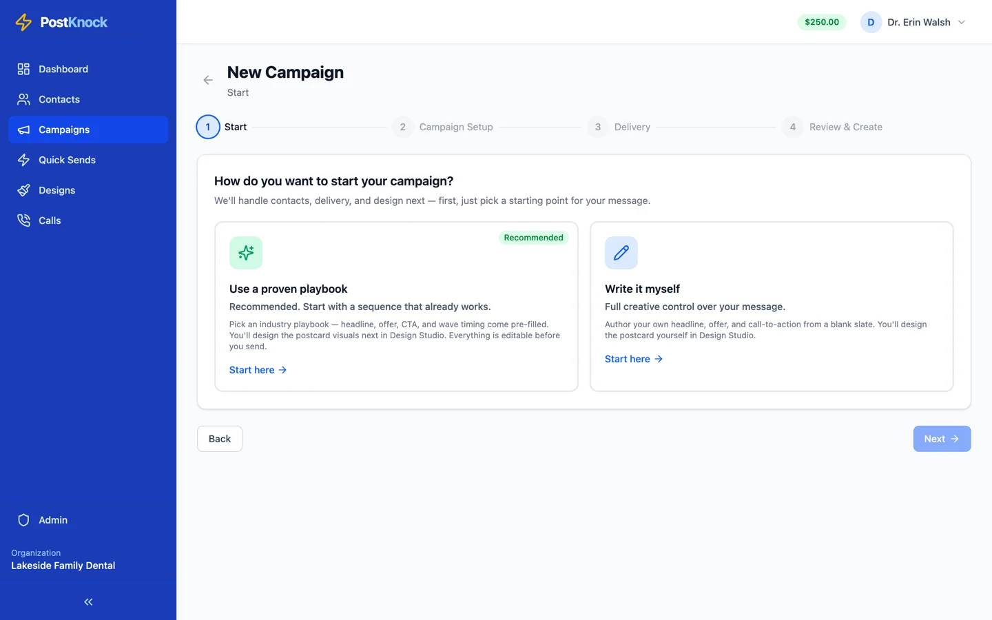 The New Campaign wizard asking how you want to start, with 'Use a proven playbook' and 'Write it myself' options