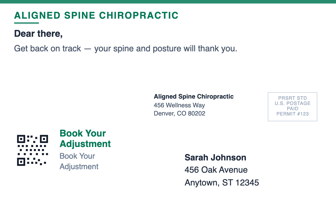 chiropractic practice postcard back showing return address and recipient zone &mdash; Lapsed Patient Reactivation
