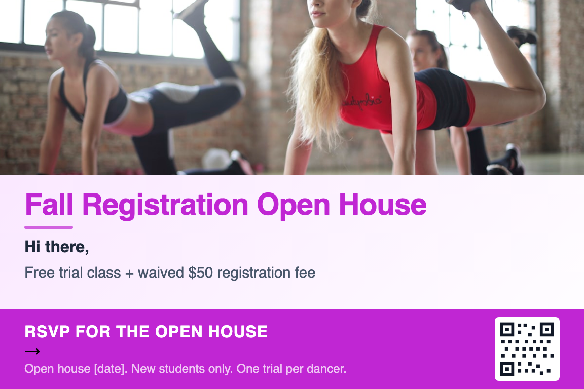 Dance studio fall registration postcard example