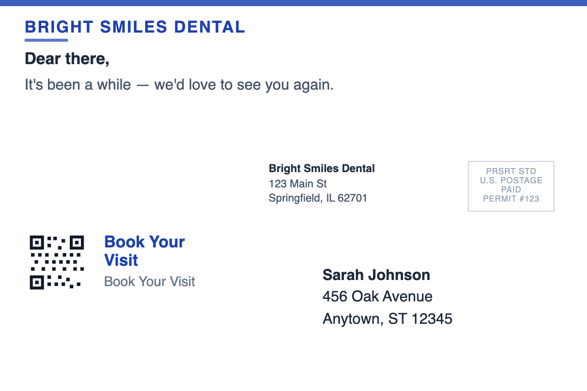 dental practice postcard back showing return address and recipient zone &mdash; Lapsed Patient Reactivation