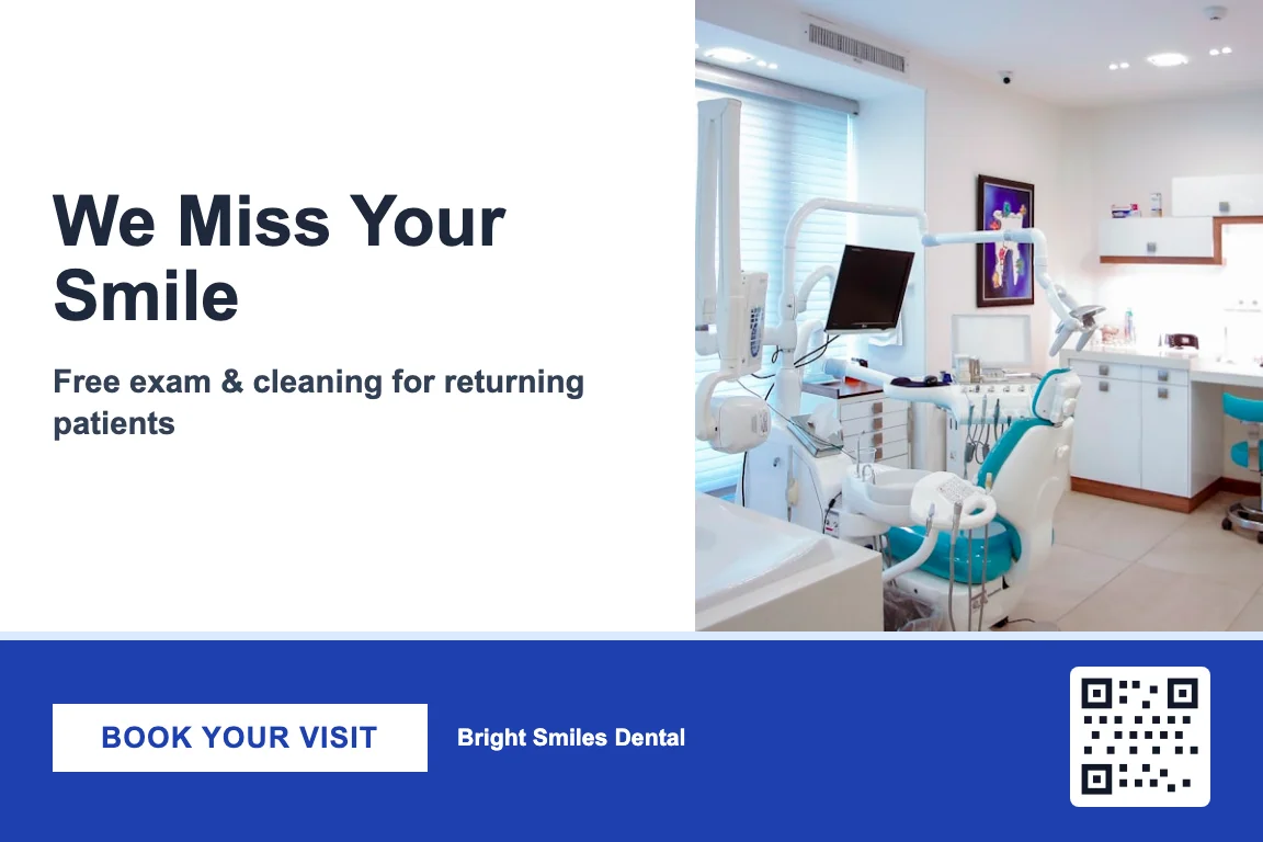 Dental recall postcard design: a free exam and cleaning offer for returning patients, with a book-your-visit button and a tracked QR code