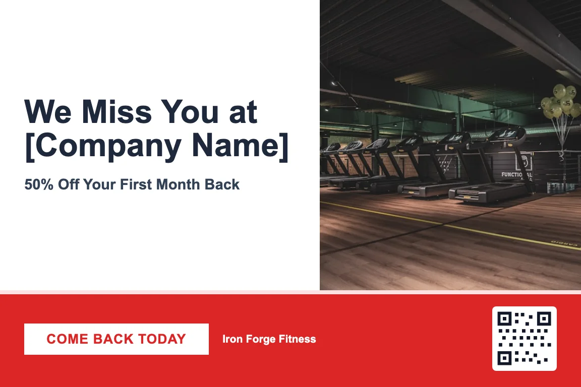 Gym new-member postcard design: first-visit trial offer