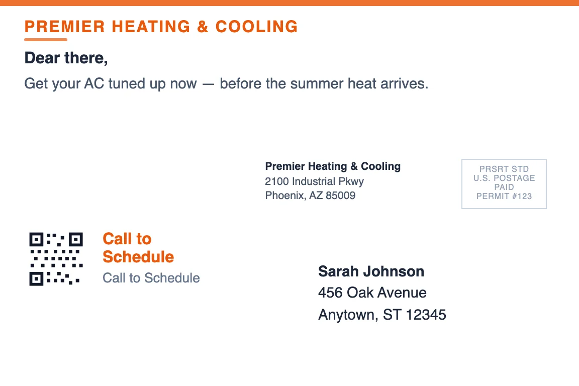 HVAC business postcard back showing return address and recipient zone: Spring Maintenance Special