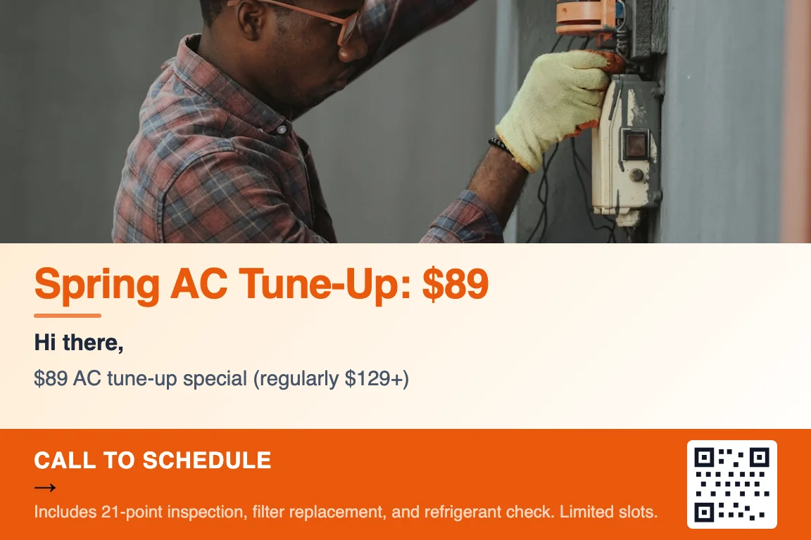 Detailed view of HVAC business postcard front: Spring Maintenance Special