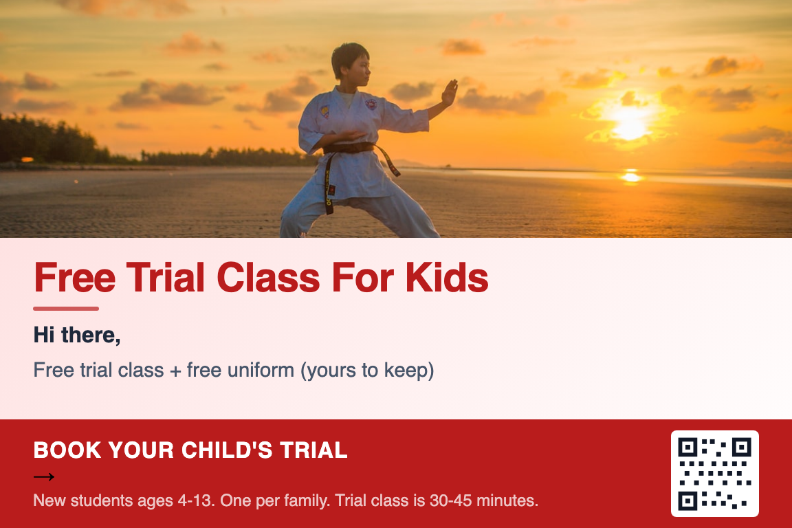 Martial arts kids trial class postcard example