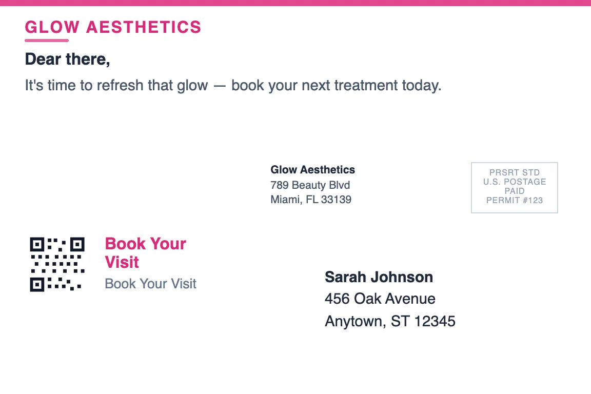 med spa postcard back showing return address and recipient zone: Treatment Recall