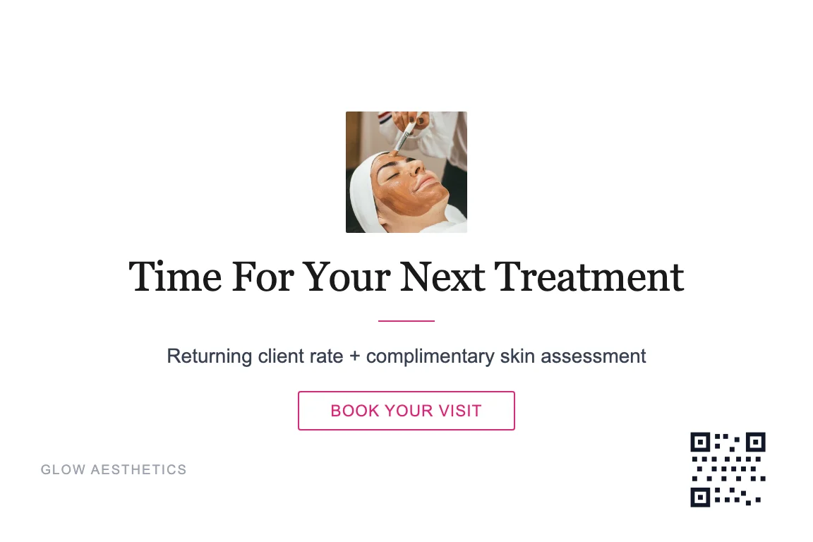 Med spa postcard design inviting a returning client to book their next treatment, with a book-your-visit button and a tracked QR code