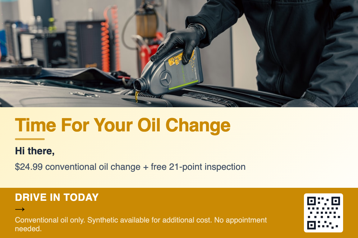 Oil change service reminder postcard example