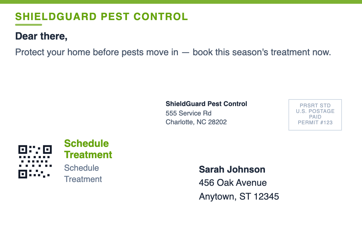 pest control business postcard back showing return address and recipient zone &mdash; Seasonal Treatment Reminder