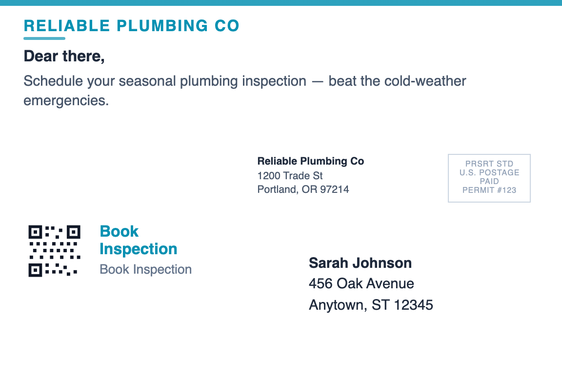 plumbing business postcard back showing return address and recipient zone &mdash; Seasonal Maintenance
