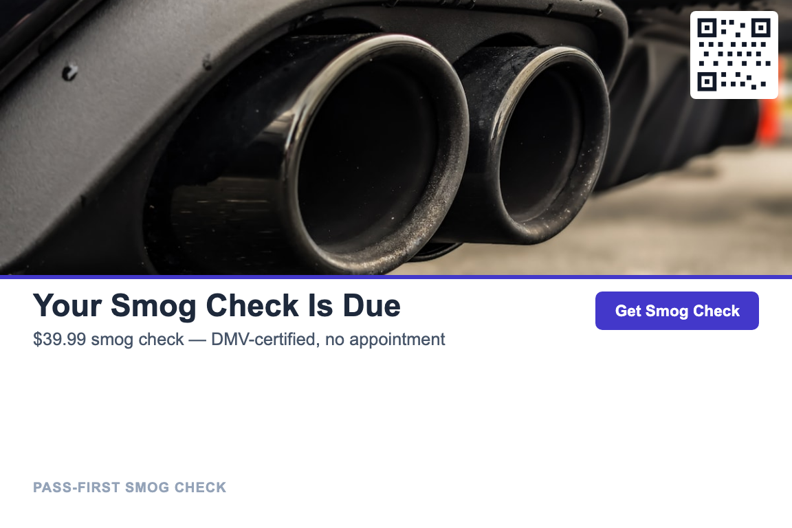 Photo-led smog check renewal reminder postcard design