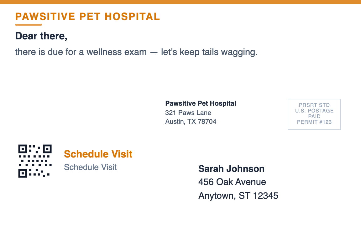 veterinary clinic postcard back showing return address and recipient zone &mdash; Annual Wellness Recall